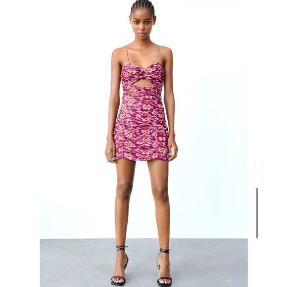 Zara Dresses & Skirts - ZARA PURPLE PRINTED CUT OUT KNOTTED MINI DRESS